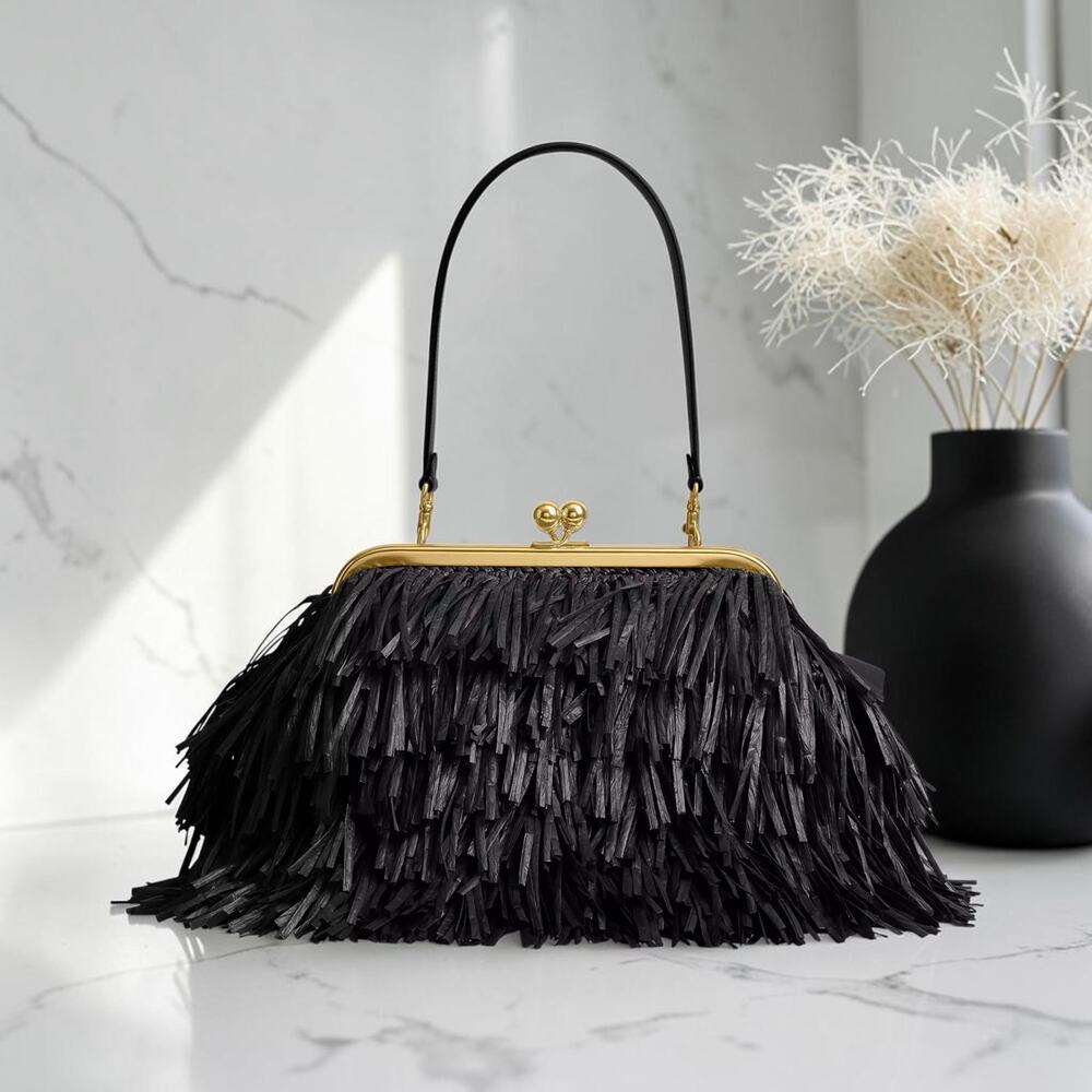 COACH Kisslock Frame Bag 27 Black Straw Leather Fringe Handbag CEN92 B4/BK NWT